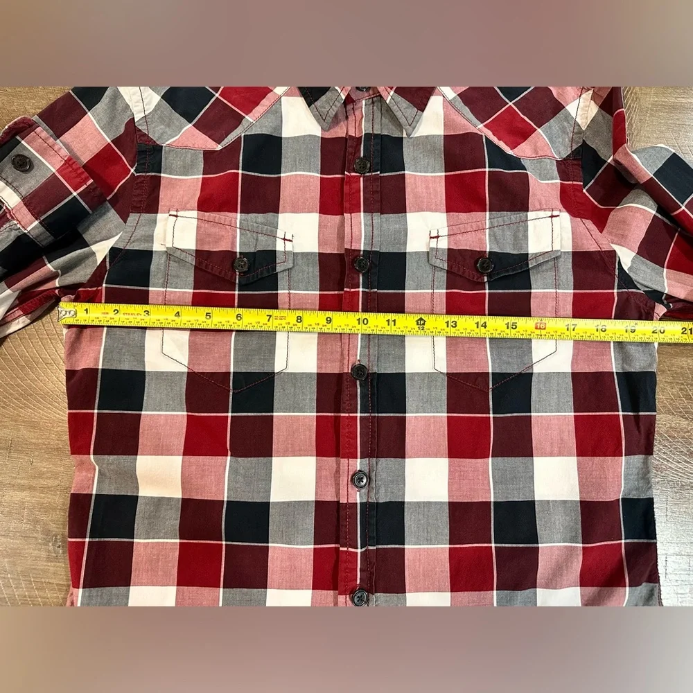 Express Men's Maroon/ White Plaid Button Up Fitted Shirt Size M Front Pockets - Picture 12 of 16